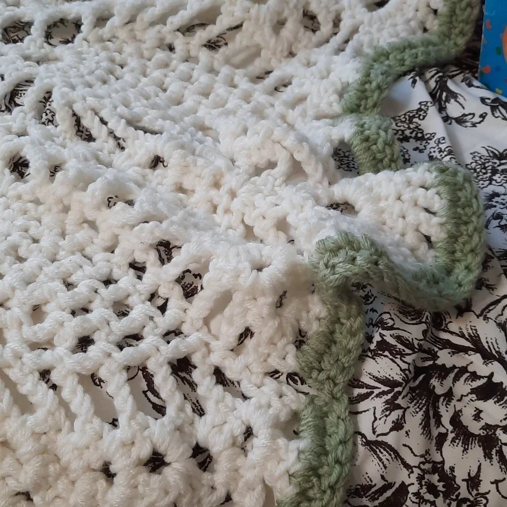 Handmade Crochet Blanket with Green Trim 46x50